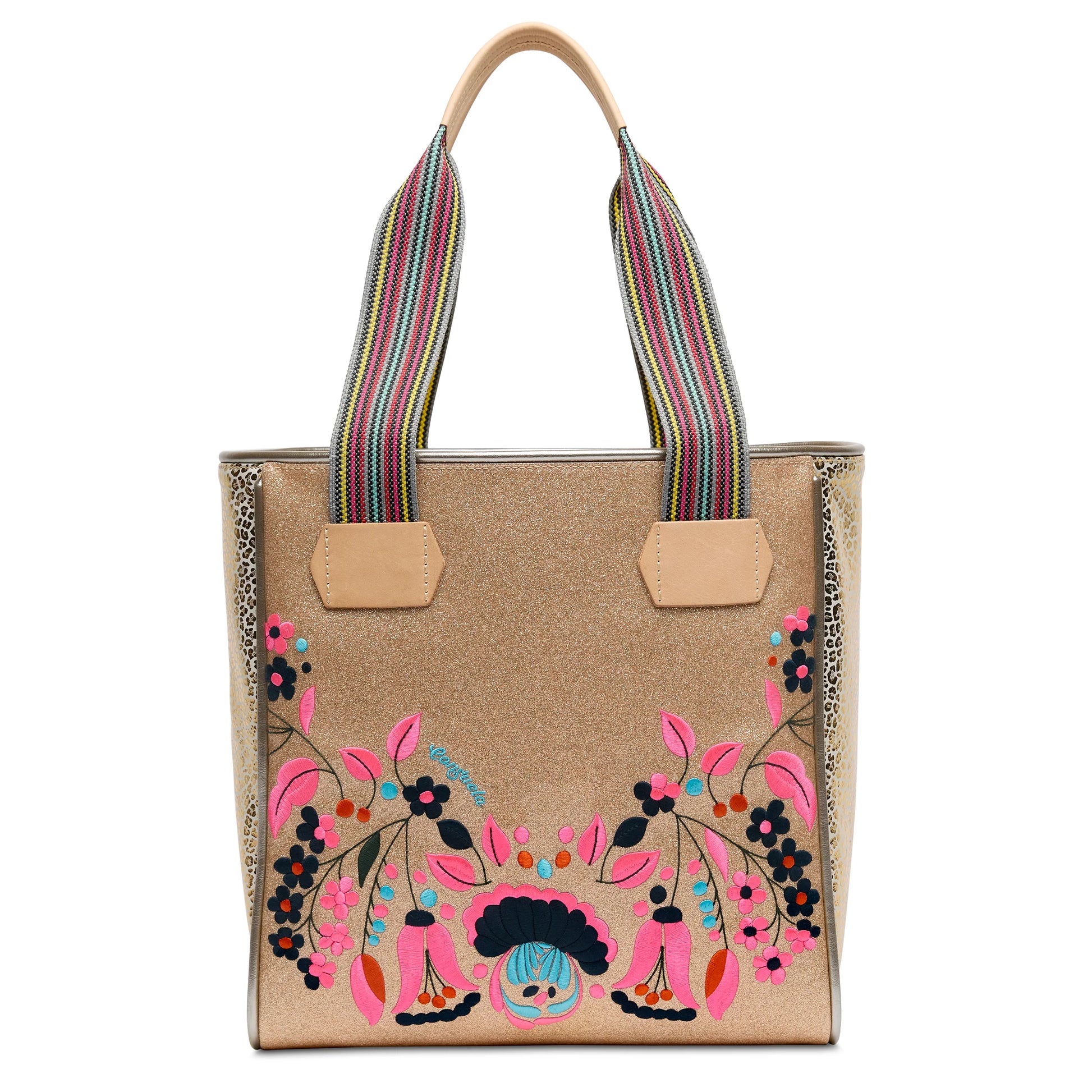 Gold tote with multicolored striped handles, pink/blue/black floral embroidery, animal print sides. Sizes: S, M, L.