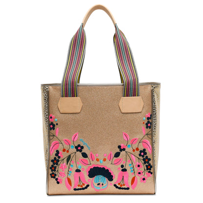 Gold tote with multicolored striped handles, pink/blue/black floral embroidery, animal print sides. Sizes: S, M, L.