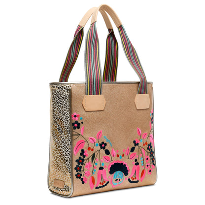 The Classic Tote, Lyla: gold-tone, floral embroidery, multicolored striped handles, leopard print sides. Sizes: S, M, L.