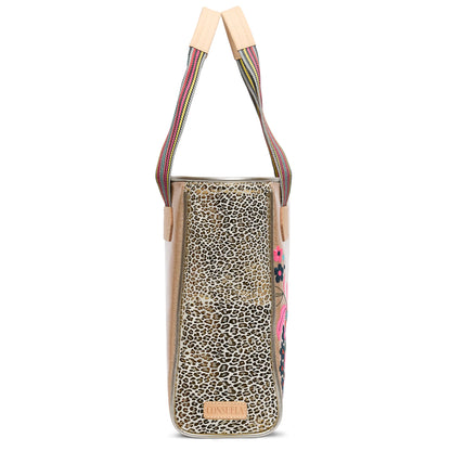 Side view of Classic Tote, Lyla by Consuela—leopard print, striped straps, "Consuela" patch. Available in standard size.