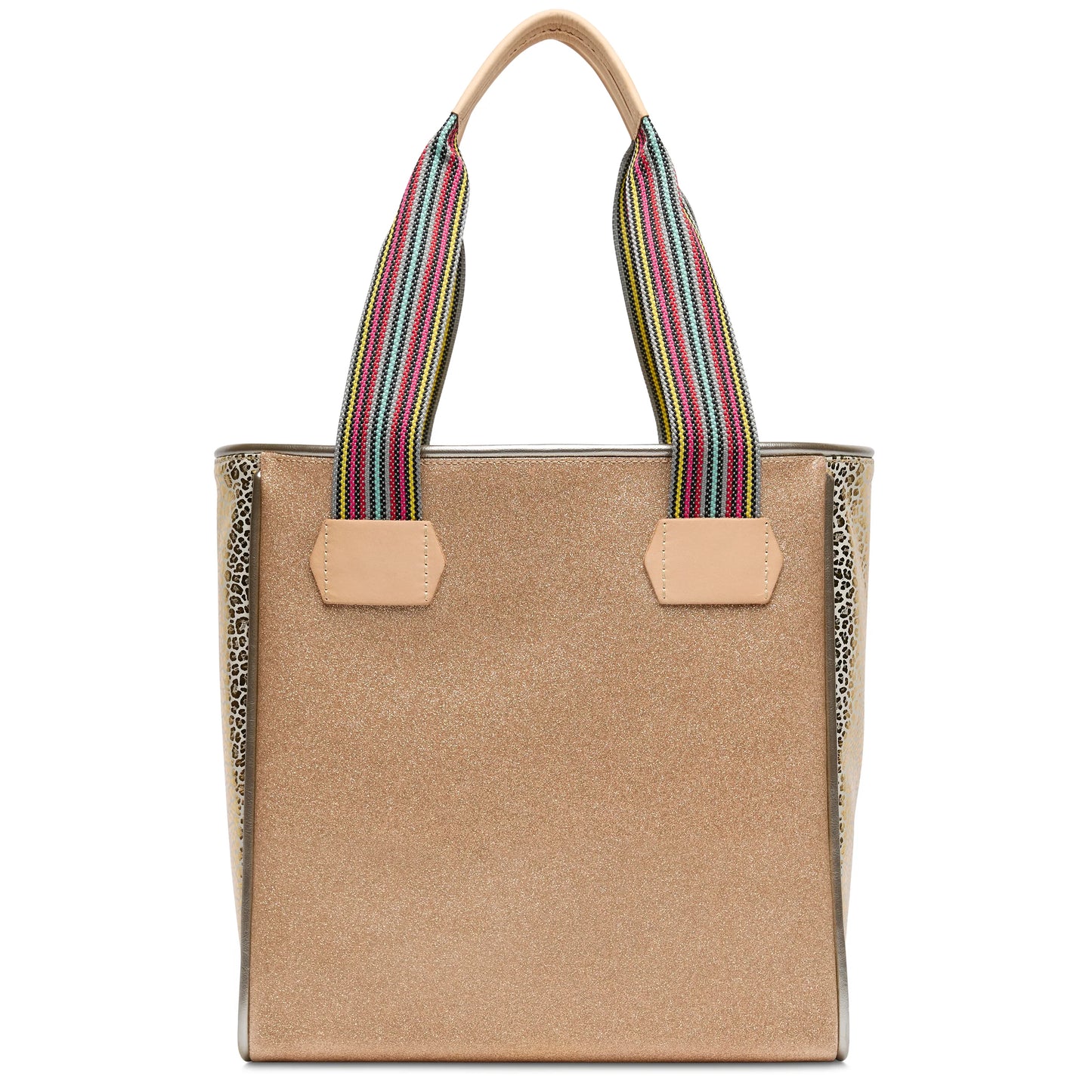 The Classic Tote, Lyla: gold glitter, beige handles with multicolored wrap, animal print sides. Available in S, M, L.