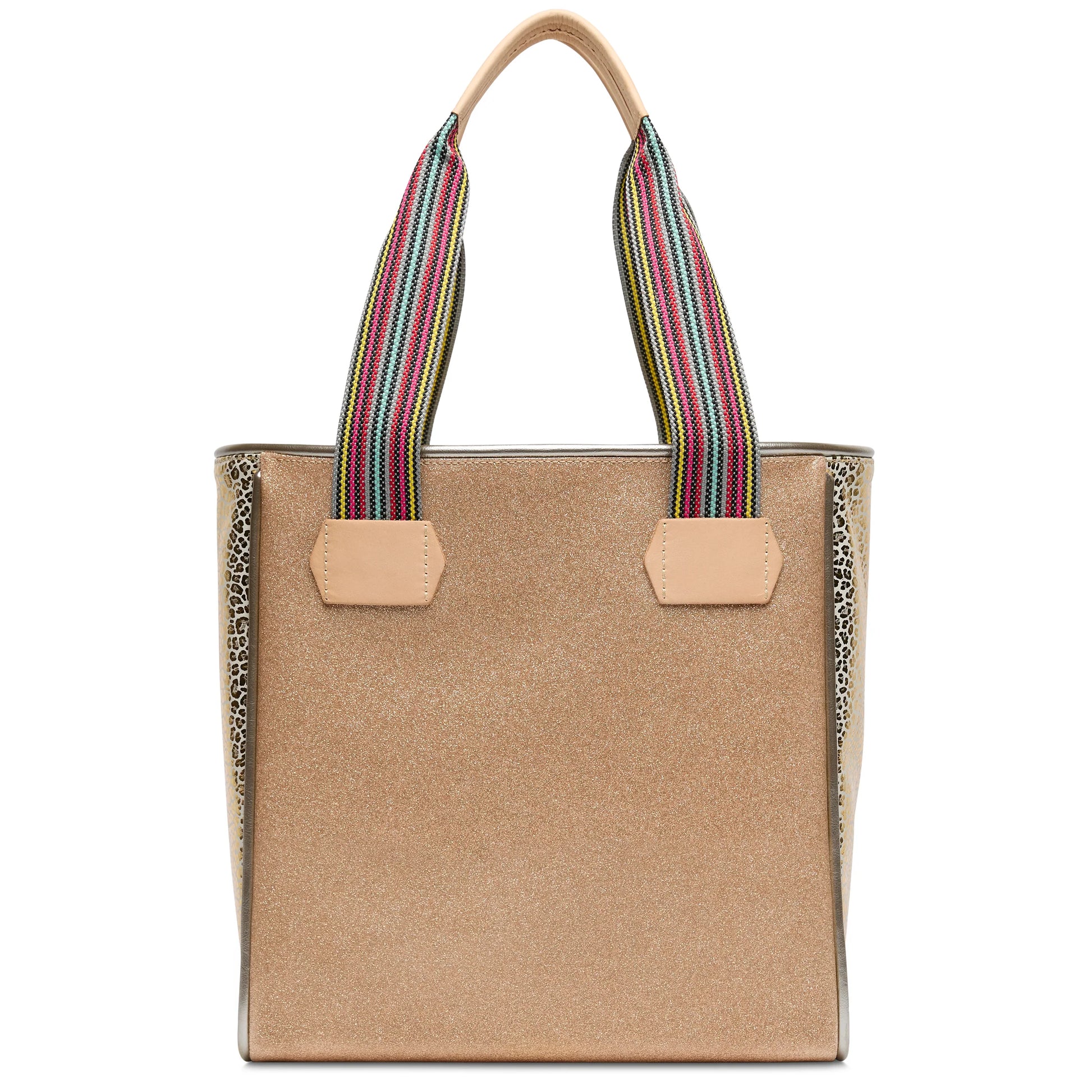 The Classic Tote, Lyla: gold glitter, beige handles with multicolored wrap, animal print sides. Available in S, M, L.