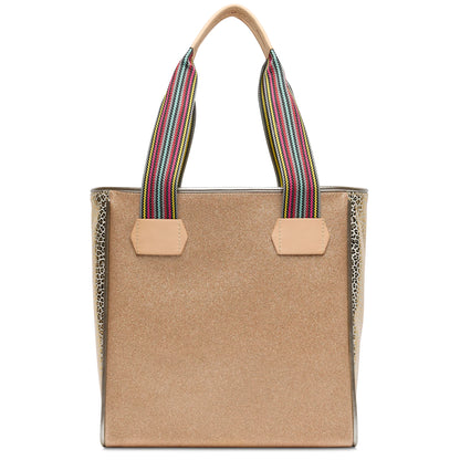 The Classic Tote, Lyla: gold glitter, beige handles with multicolored wrap, animal print sides. Available in S, M, L.