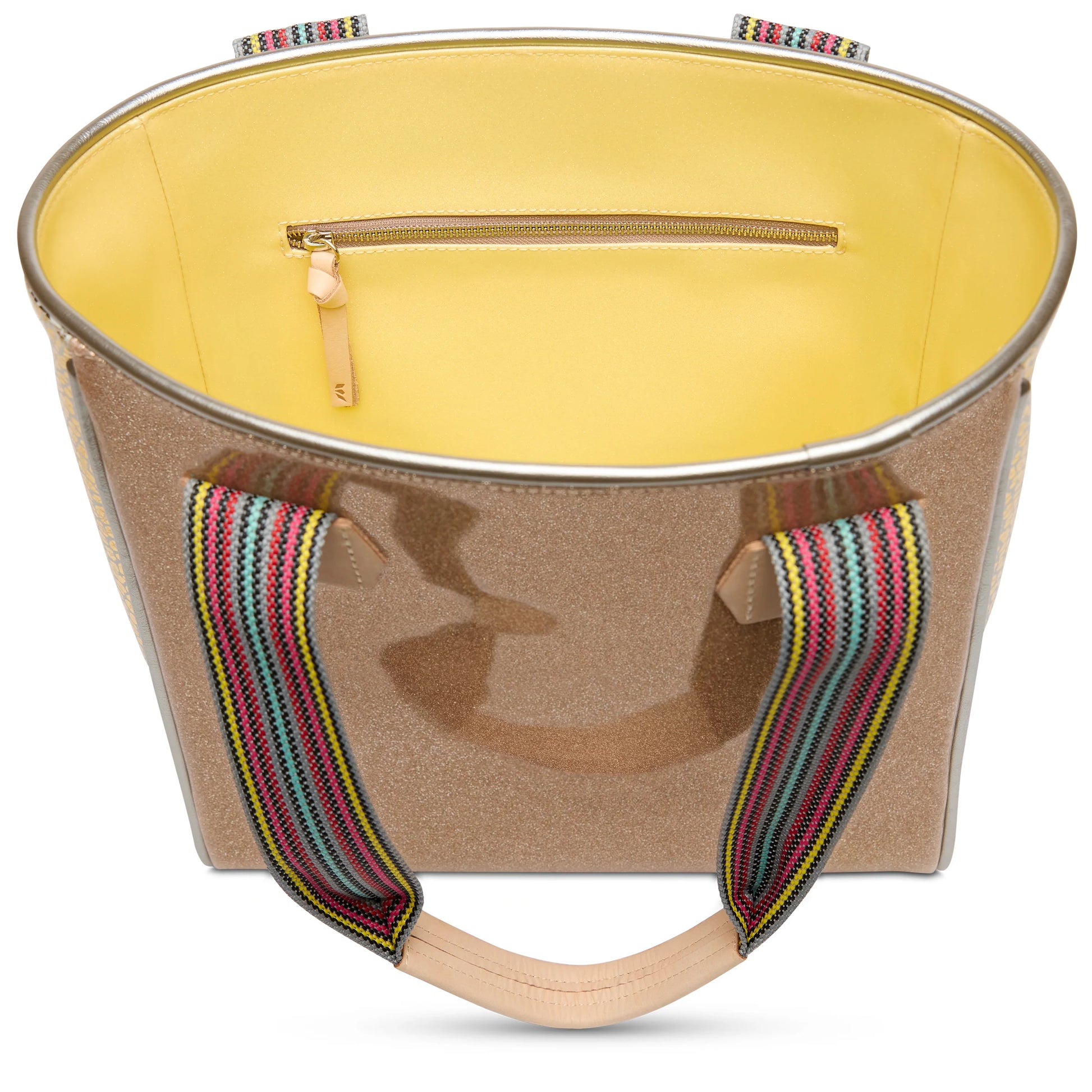 Gold Lyla Classic Tote by Consuela with yellow interior, zipper pocket, striped handles; available in standard size.
