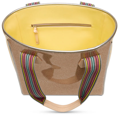 Gold Lyla Classic Tote by Consuela with yellow interior, zipper pocket, striped handles; available in standard size.