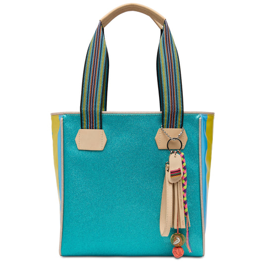 Turquoise glittery Consuela Classic Tote with striped handles, tan accents, braided strap & tassel. Available in standard size.