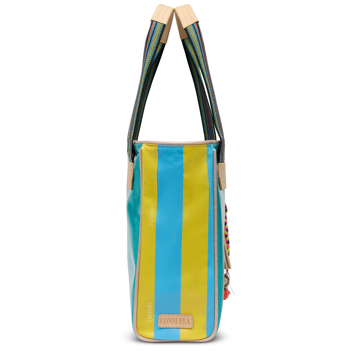 Consuela Classic Tote Lumi: blue, yellow, turquoise stripes, multicolored handles, tan leather patch. Available in multiple sizes.