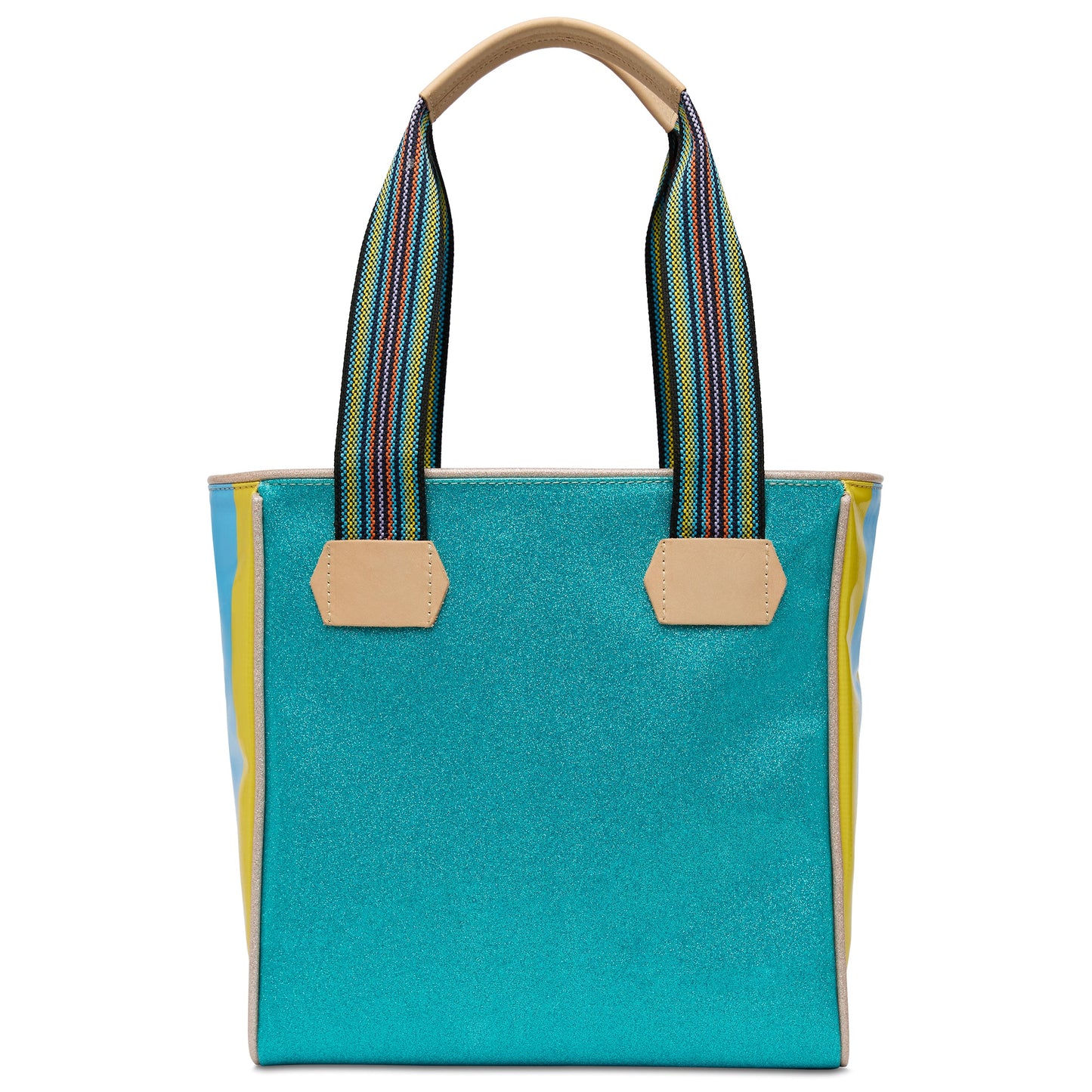 Classic Tote Lumi: shimmery turquoise, beige handles, striped straps, yellow/blue accents. Available sizes: small, medium, large.