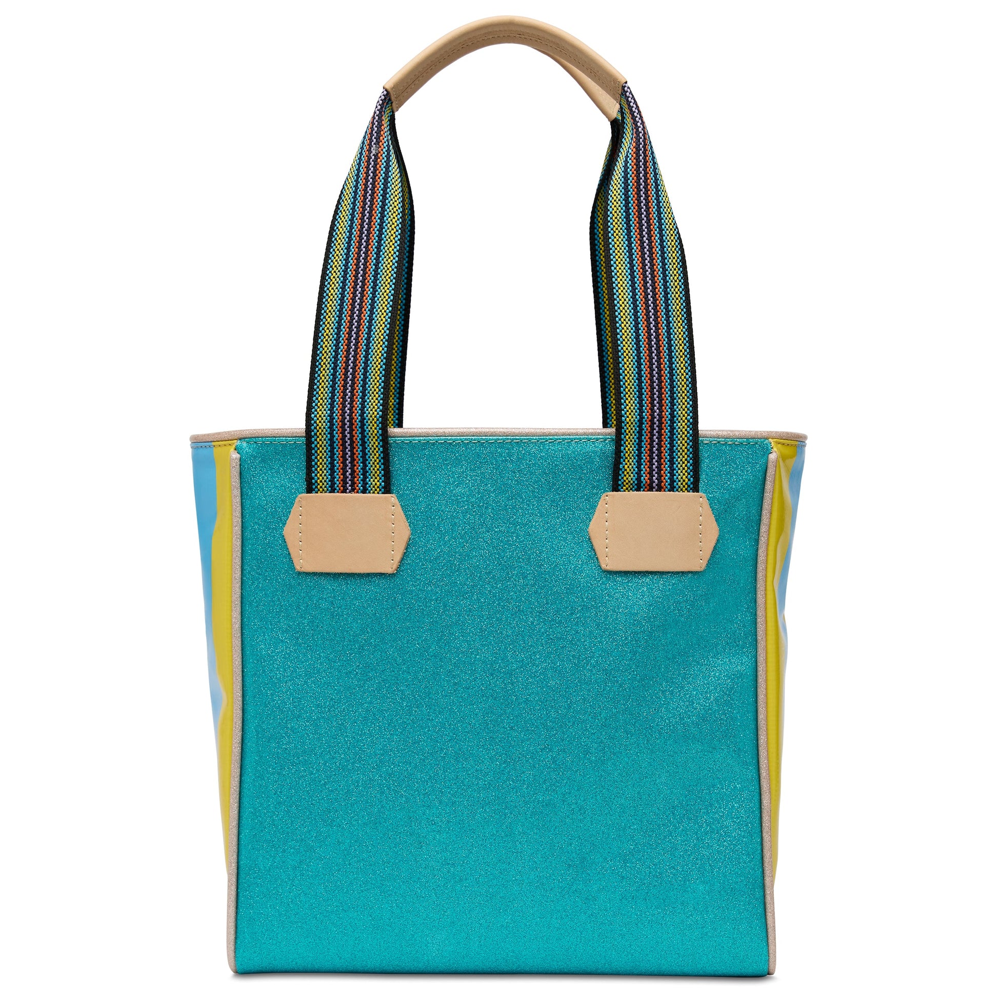 Classic Tote Lumi: shimmery turquoise, beige handles, striped straps, yellow/blue accents. Available sizes: small, medium, large.