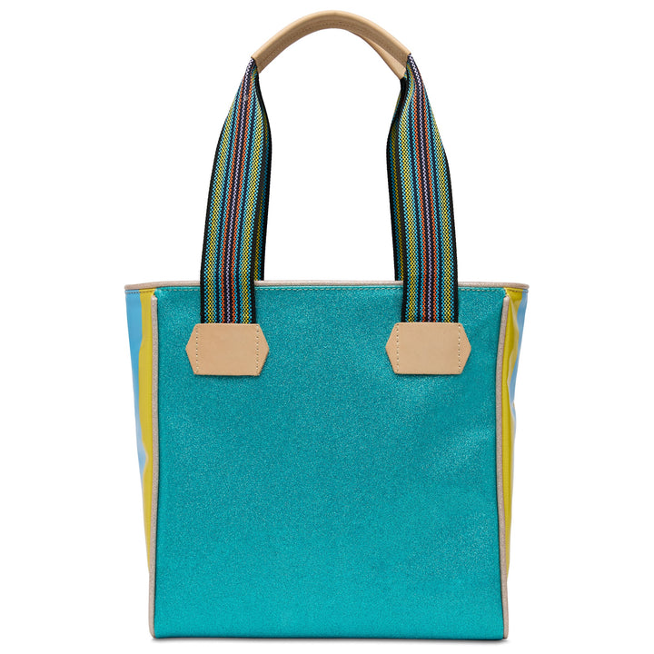 Classic Tote Lumi: shimmery turquoise, beige handles, striped straps, yellow/blue accents. Available sizes: small, medium, large.