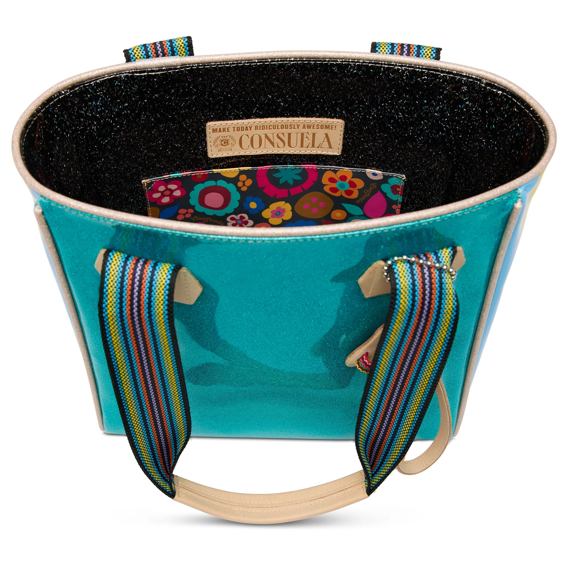 Classic Tote, Lumi: turquoise exterior, multicolored handles, floral interior pocket, black glitter lining. Sizes: standard only.