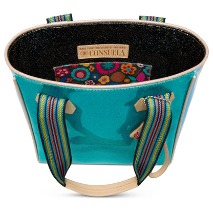 Classic Tote, Lumi: turquoise exterior, multicolored handles, floral interior pocket, black glitter lining. Sizes: standard only.