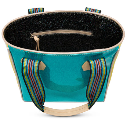 Turquoise Consuela Classic Tote with rainbow-striped handles, black glittery interior, zip pocket. Available in standard size.