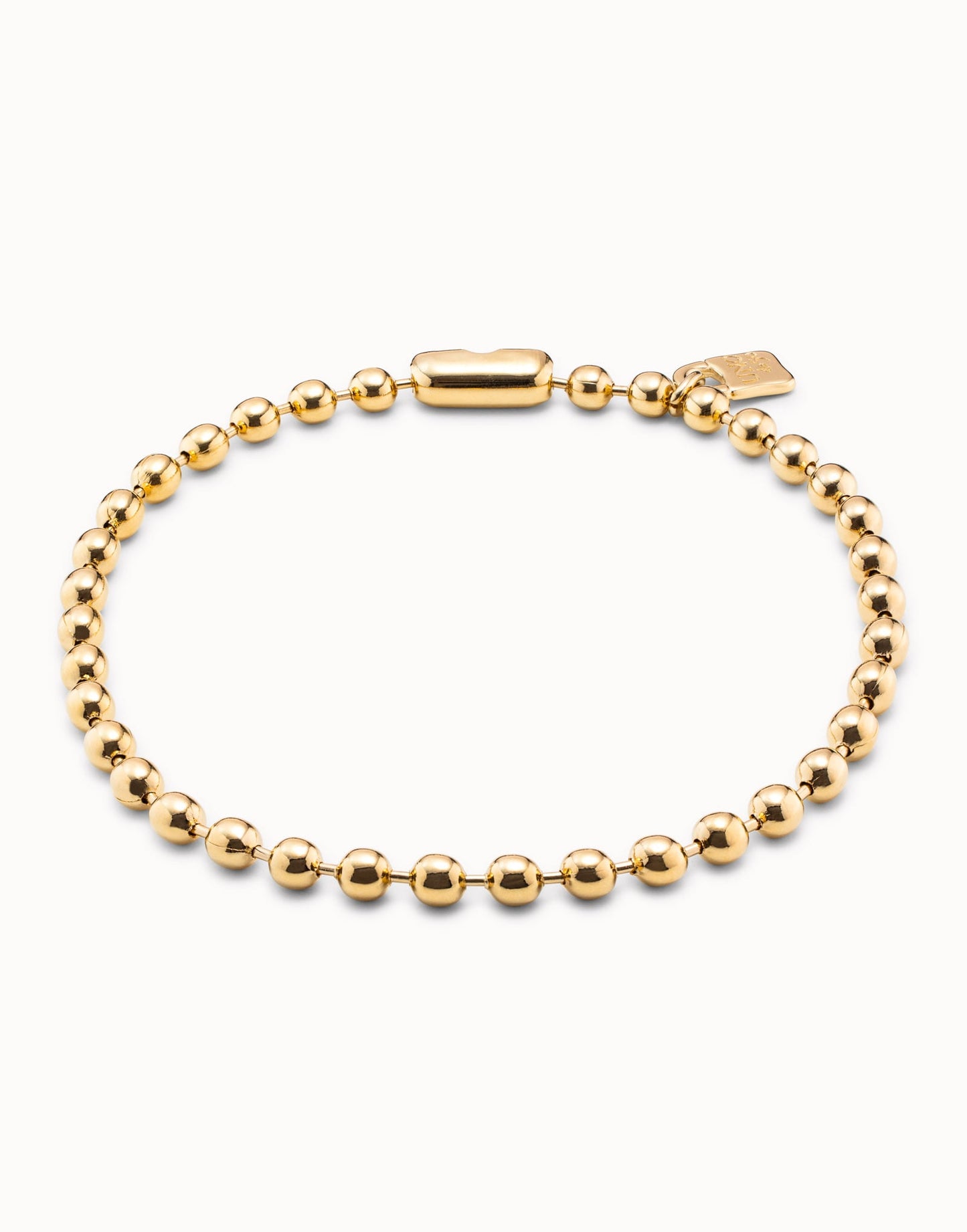 Short Beaded Necklace with Padlock in refined gold with rectangular padlock clasp and small tag; available sizes: short.