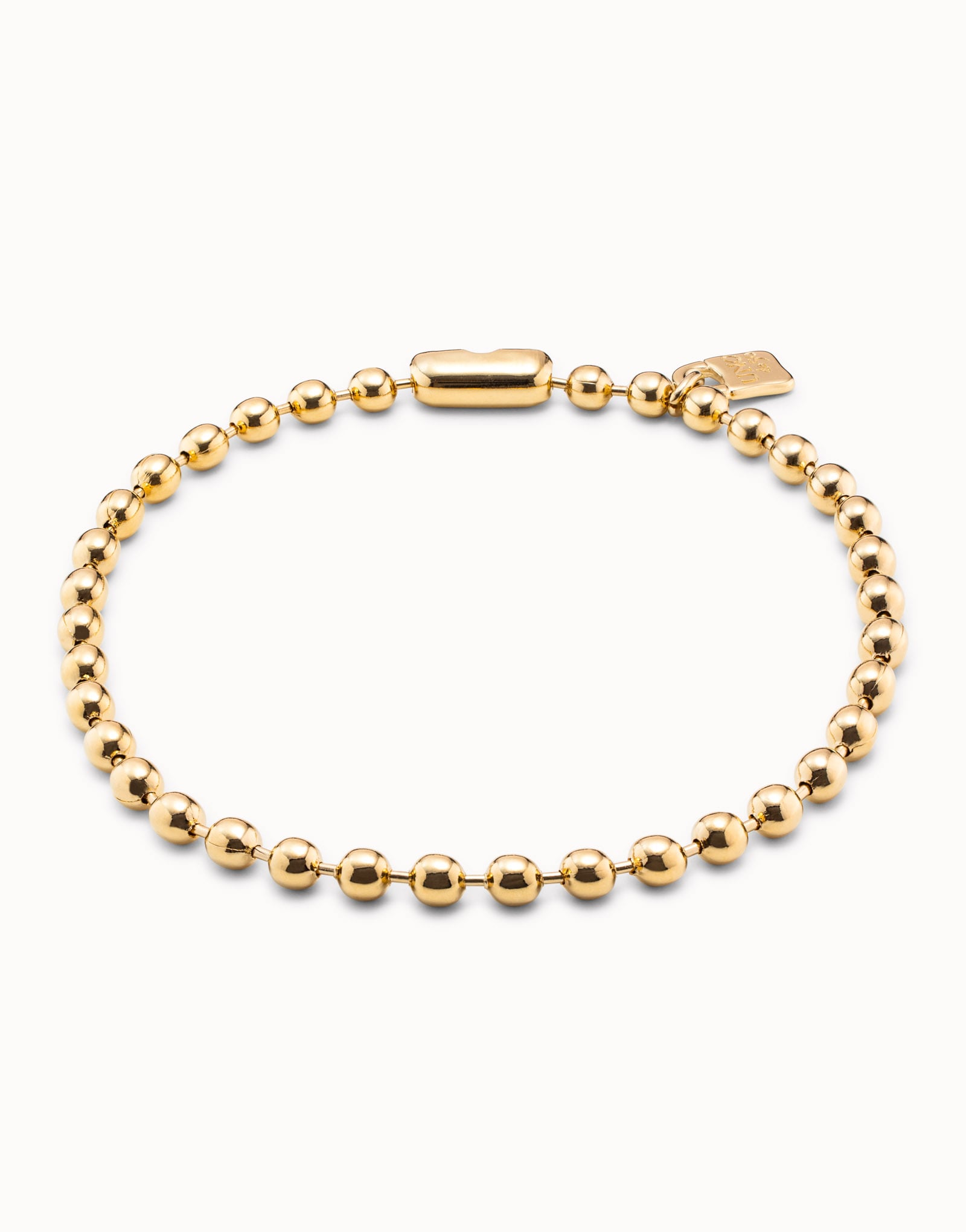 Short Beaded Necklace with Padlock in refined gold with rectangular padlock clasp and small tag; available sizes: short.