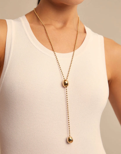 Long Adjustable Chain Necklace in 18K gold plate, handcrafted in Spain with two oval pendants and an adjustable clasp. Available lengths: 24, 30, and 36 inches.
