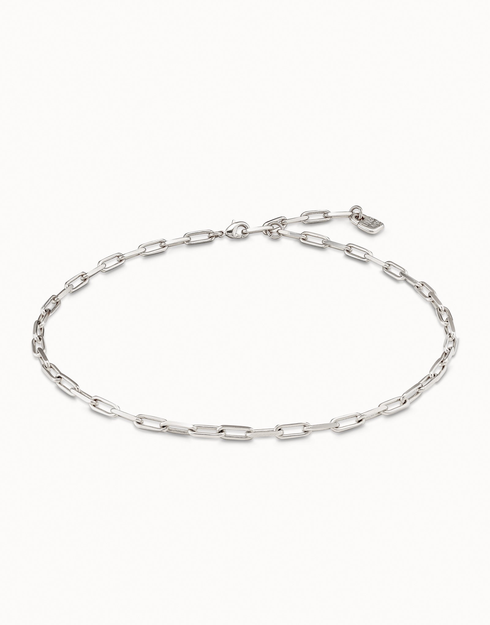 Sterling silver necklace with elongated oval links, adjustable clasp, and handcrafted finish. Available in multiple sizes.