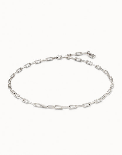 Sterling silver necklace with elongated oval links, adjustable clasp, and handcrafted finish. Available in multiple sizes.