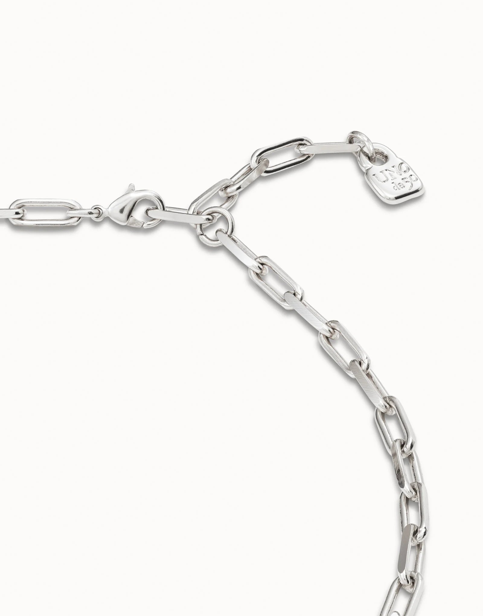 Sterling silver Short Link Chain Charm Necklace with elongated links, clasp, and small engraved rectangular tag. Available in 16", 18", and 20" lengths.