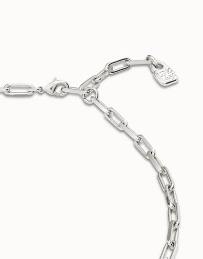 Sterling silver Short Link Chain Charm Necklace with elongated links, clasp, and small engraved rectangular tag. Available in 16", 18", and 20" lengths.