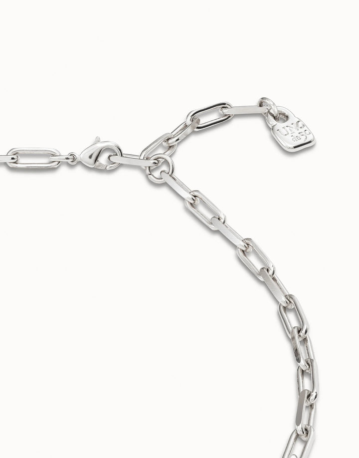 Sterling silver Short Link Chain Charm Necklace with elongated links, clasp, and small engraved rectangular tag. Available in 16", 18", and 20" lengths.