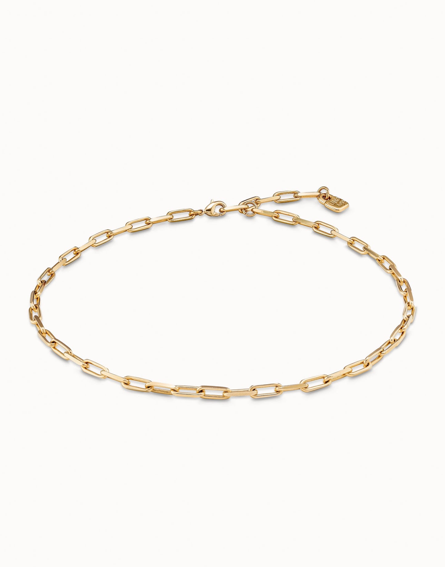 Gold-plated short link chain charm necklace with elongated rectangular links and adjustable clasp; available in multiple sizes.