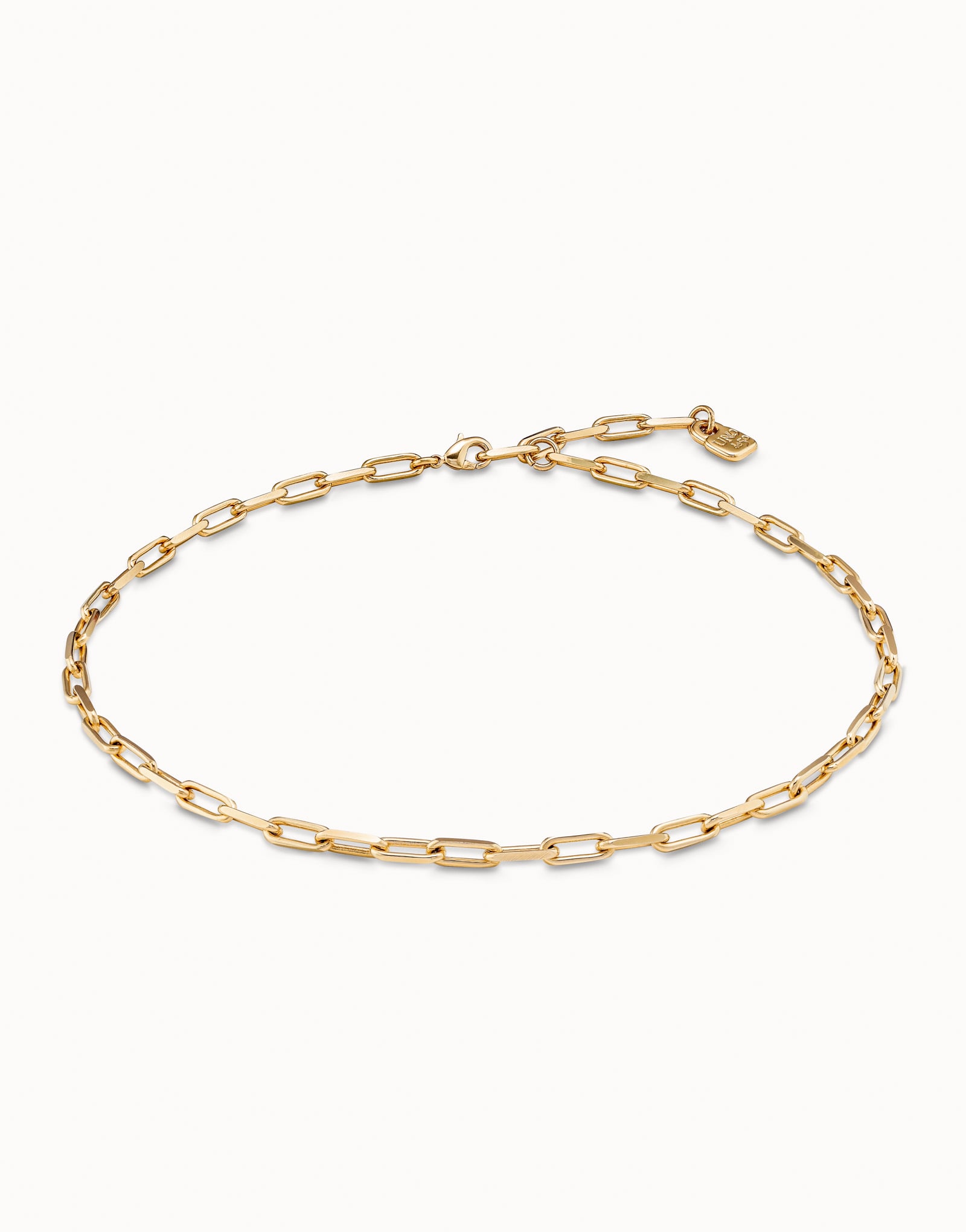 Gold-plated short link chain charm necklace with elongated rectangular links and adjustable clasp; available in multiple sizes.