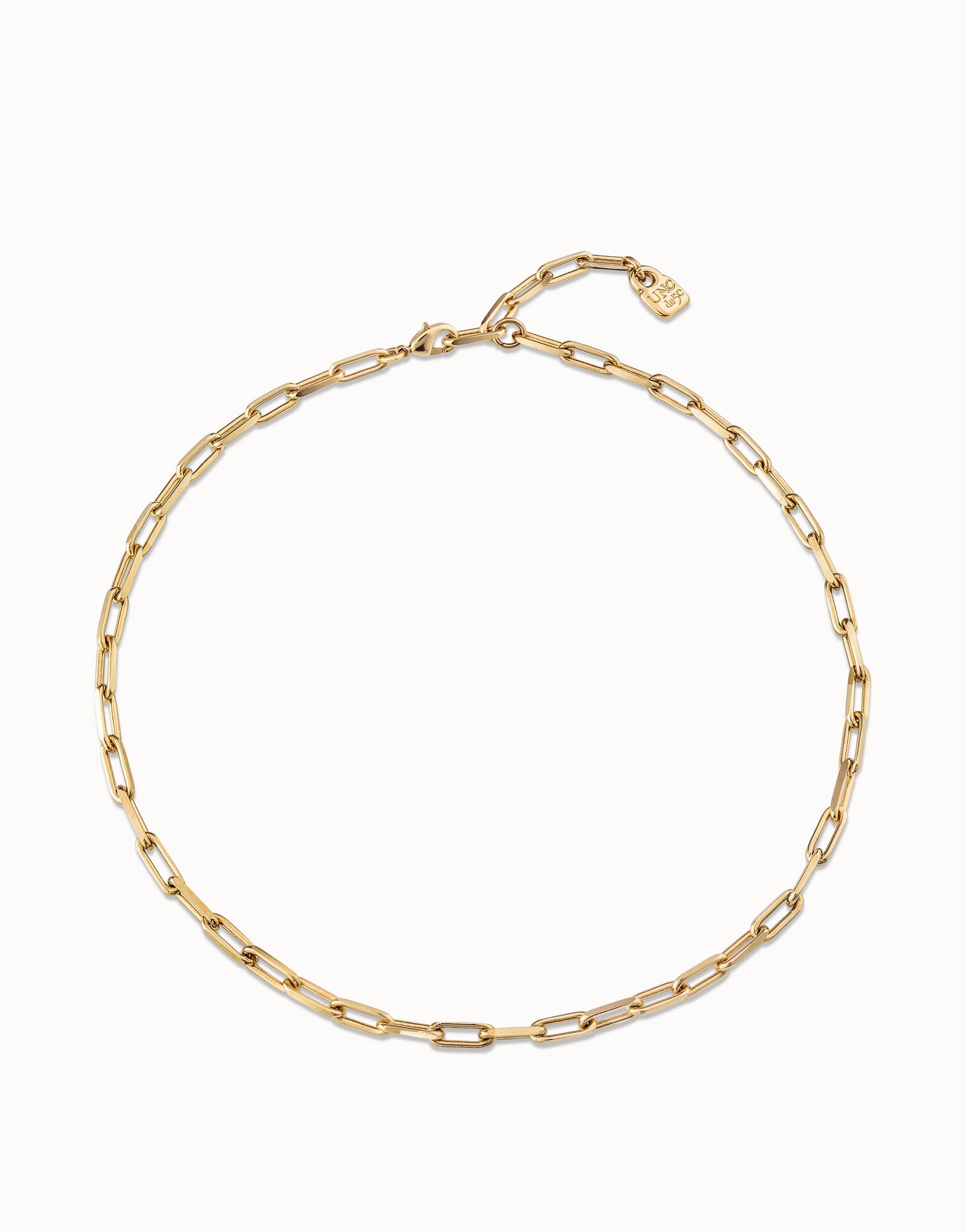Gold Short Link Chain Charm Necklace with delicate gold-plated elongated oval links and a small rectangular charm near the clasp. Available in multiple sizes.