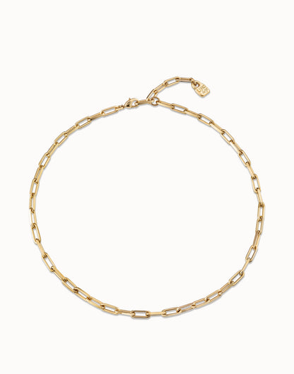 Gold Short Link Chain Charm Necklace with delicate gold-plated elongated oval links and a small rectangular charm near the clasp. Available in multiple sizes.