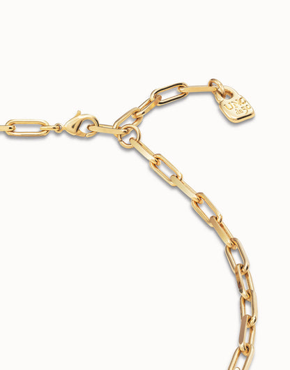 Gold Short Link Chain Charm Necklace with gold-plated oval links, lobster clasp, and small "UNO de 50" engraved tag. Available in 16", 18", and 20" lengths.