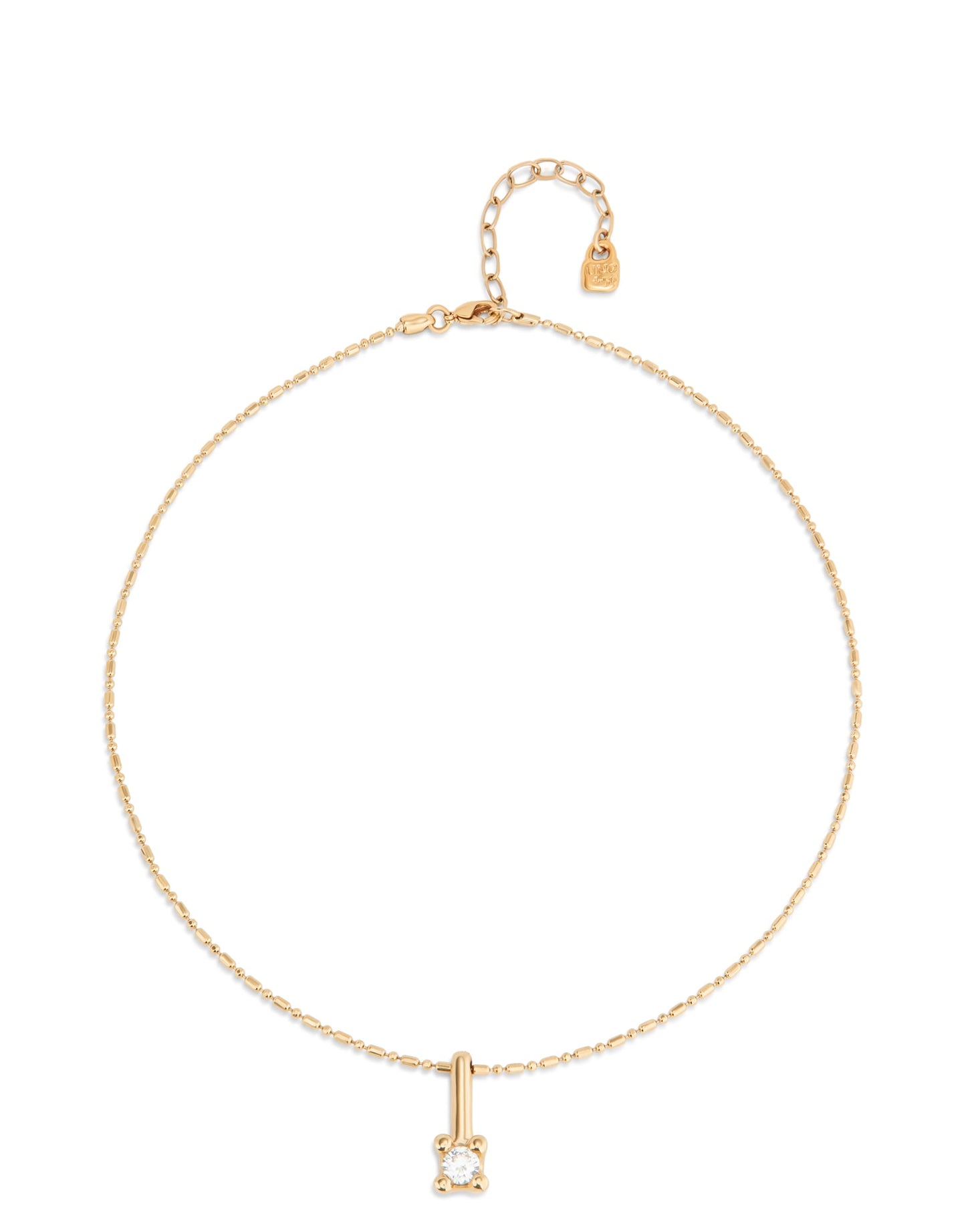 Short Chain Necklace with White Cubic Zirconia, featuring a delicate gold chain, petite round cubic zirconia pendant, adjustable clasp with extender chain, and tiny heart charm. Available in multiple lengths.