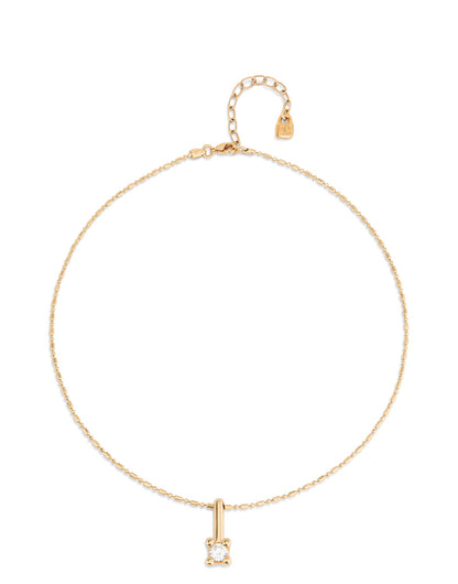 Short Chain Necklace with White Cubic Zirconia, featuring a delicate gold chain, petite round cubic zirconia pendant, adjustable clasp with extender chain, and tiny heart charm. Available in multiple lengths.