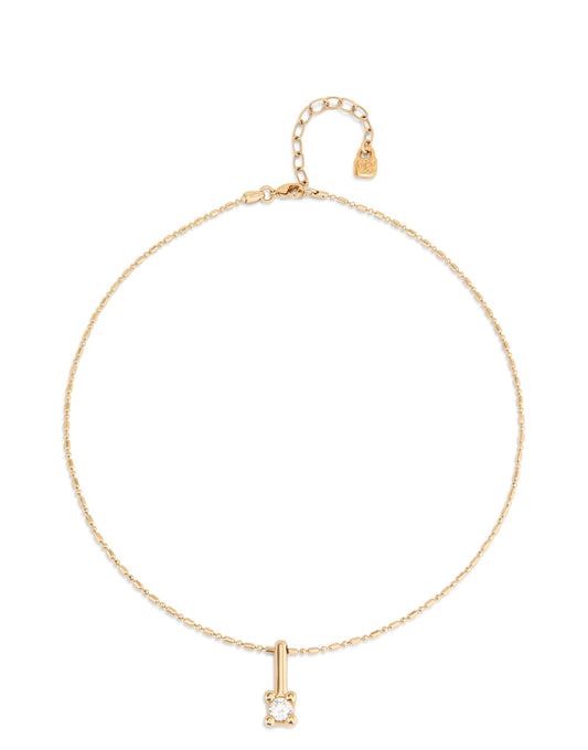 Short Chain Necklace with White Cubic Zirconia, featuring a delicate gold chain, petite round cubic zirconia pendant, adjustable clasp with extender chain, and tiny heart charm. Available in multiple lengths.