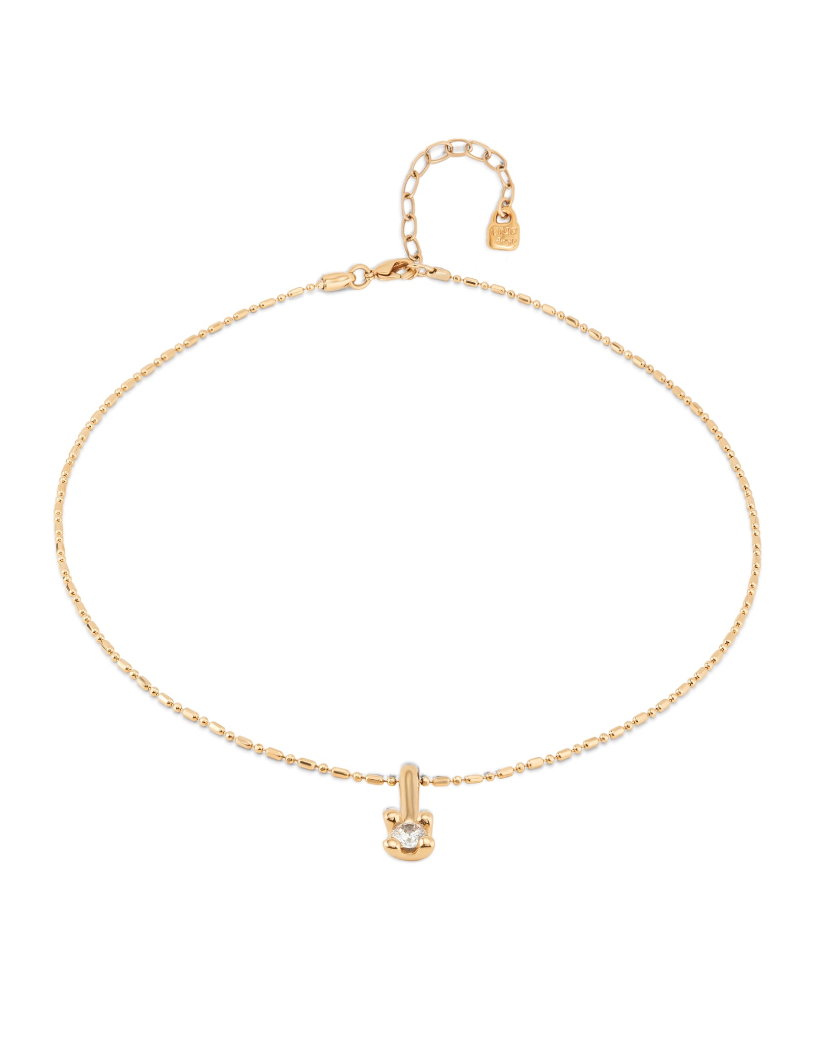 Short gold chain necklace with a white cubic zirconia pendant, adjustable clasp, extension chain, and small tag at the end. Available in 16", 18", and 20" lengths.
