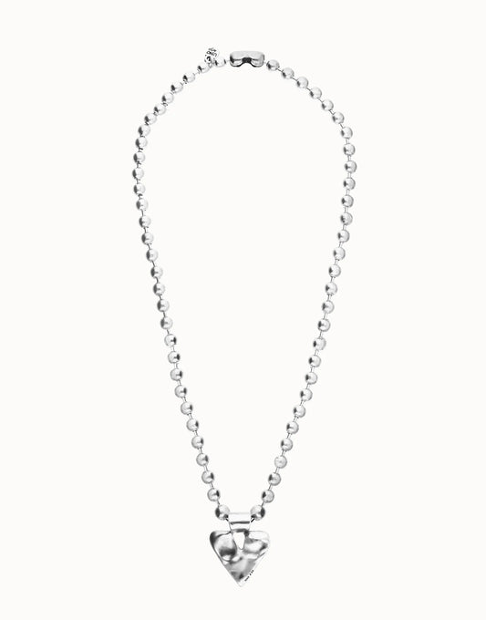 Long beaded necklace with a large, shiny heart-shaped pendant at the center; available in multiple sizes.