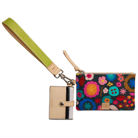 Consuela wristlet wallet with green strap, beige floral card holder, vibrant floral zip pouch. Sizes: small, medium, large.