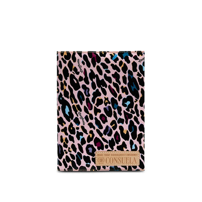 Consuela Notebook, Ruth: colorful leopard print cover with tan "Consuela" patch. Sizes available: small, medium, large.