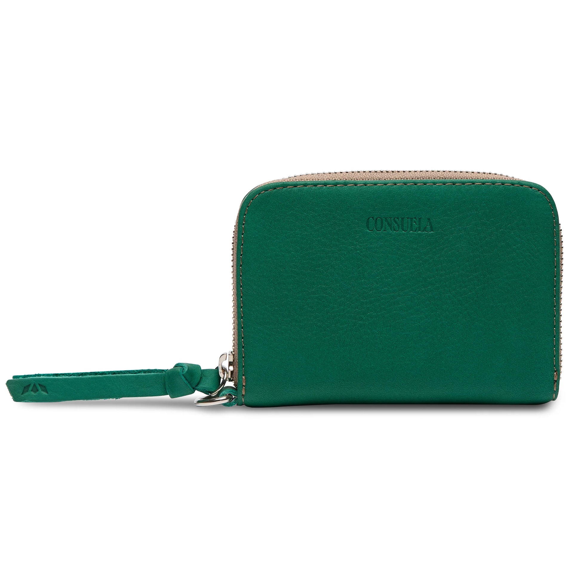 Zippy Wallet, Teal: small leather wallet with wrist strap, card slots, "Consuela" embossed. Available in one compact size.