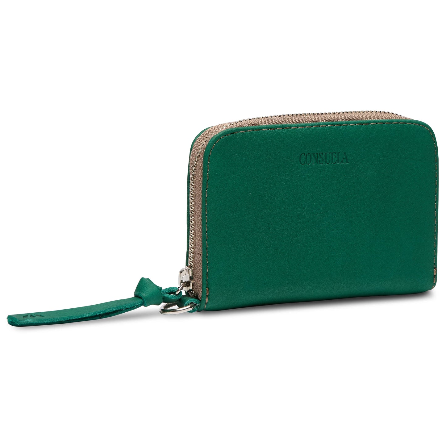 Small teal leather wallet, wrist strap, silver hardware, card slots, "Consuela" embossed. Size: Small.