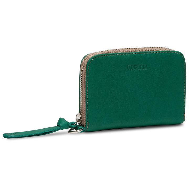 Small teal leather wallet, wrist strap, silver hardware, card slots, "Consuela" embossed. Size: Small.