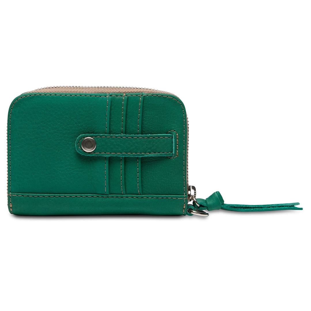 The Zippy Wallet in teal leather with snap strap, silver zipper, stitching, card slots. Sizes available: small, medium, large.