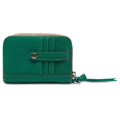 The Zippy Wallet in teal leather with snap strap, silver zipper, stitching, card slots. Sizes available: small, medium, large.