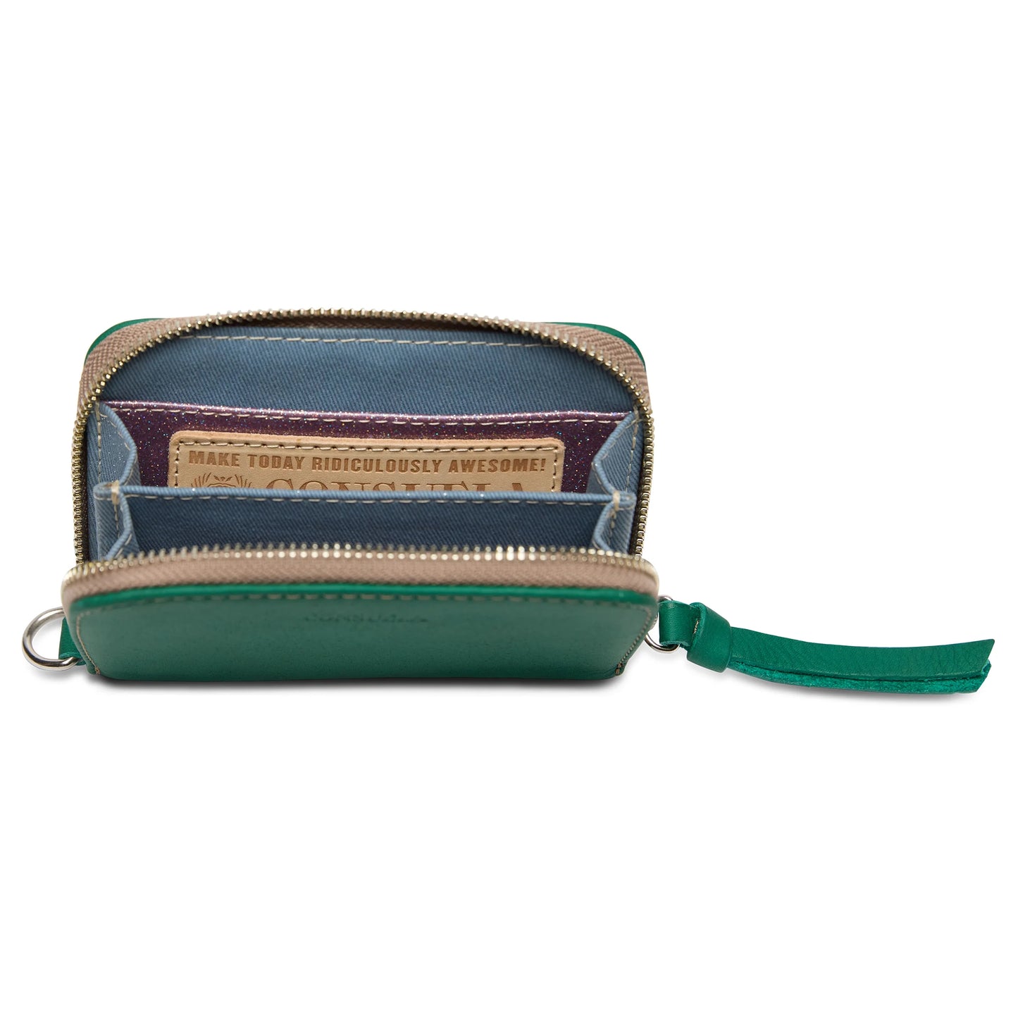 Teal leather Zippy Wallet with tassel, interior card slots, “Make today ridiculously awesome!” patch. Sizes: small.