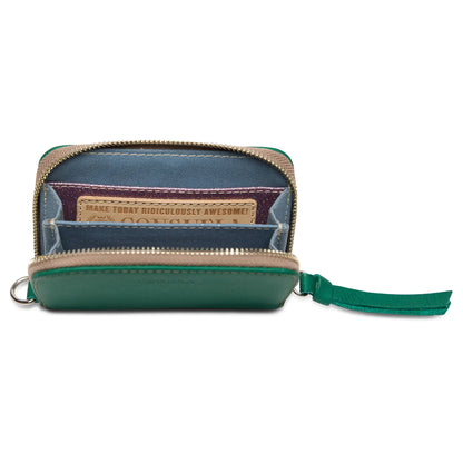 Teal leather Zippy Wallet with tassel, interior card slots, “Make today ridiculously awesome!” patch. Sizes: small.