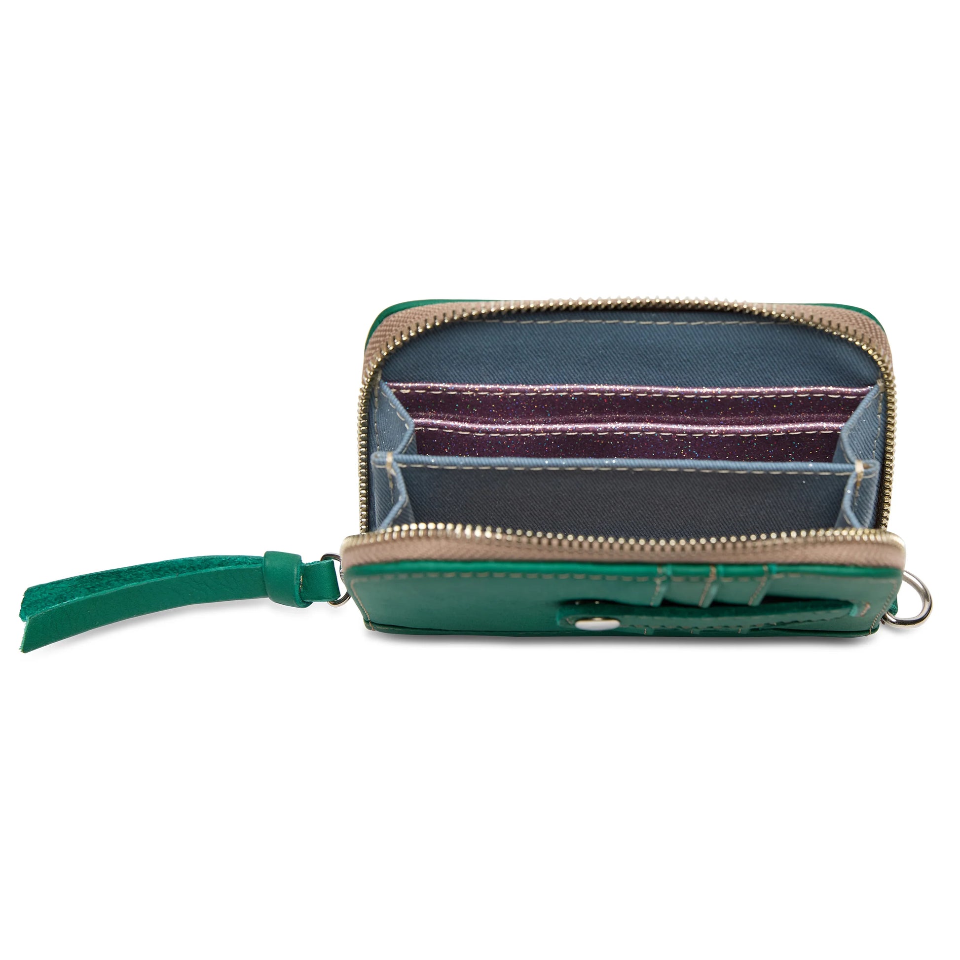 Teal compact leather wallet with a green side zipper, card slots, and compartments. Available in small and medium sizes.