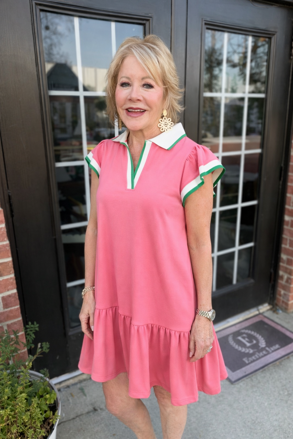 Carissa Dress in Pink & White; available in sizes XS–XL. Simple, casual style with a flattering fit.