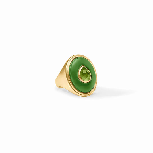 The Carnaby Statement Ring features a 24K gold band, large Palmetto Green stone, and oval gem. Available in sizes 5-9.