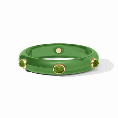 Glossy green bangle with three round faceted gemstones in 24K gold-plated bezels. Available in S, M, L sizes.