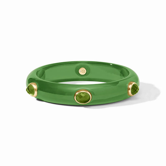 Glossy green bangle with three round faceted gemstones in 24K gold-plated bezels. Available in S, M, L sizes.