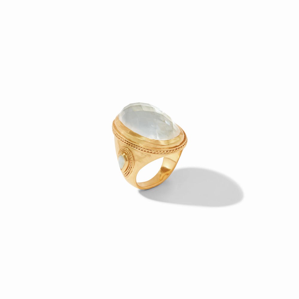 Julie Vos Cannes Statement Ring with a faceted, iridescent tourmaline pink oval stone in a gold rope-textured bezel setting. Available in sizes 6, 7, and 8.